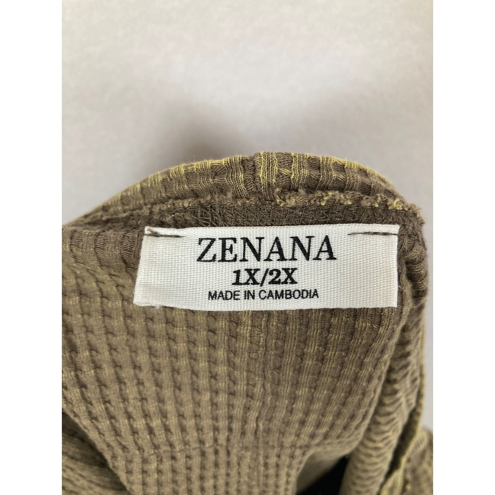 Zenana Womens Plus Size 1X/2X Waffle Knit Thermal Top Olive Green Oversized - Picture 2 of 8
